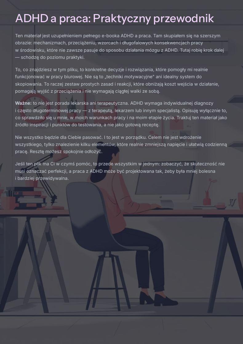 Intro ebooka ADHD Konkrety — praktyczny przewodnik, strona wstępna z opisem co znajdziesz w środku
